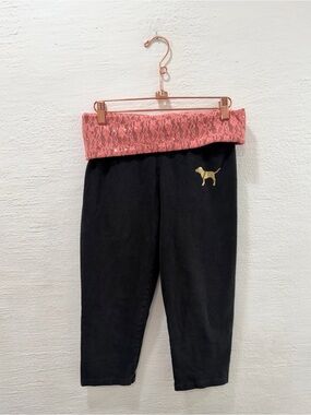 PINK Victoria’s Secret Yoga Capri Leggings Black Pink Lace Sequin Foldover Y2K